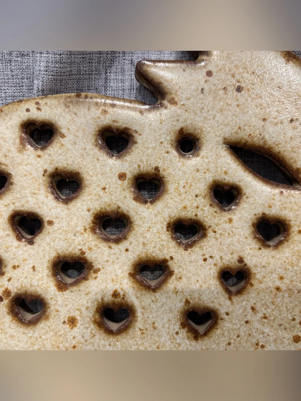 Vintage Stoneware Rabbit Trivet w/Speckled Glaze & Cut-Out Heart Shapes